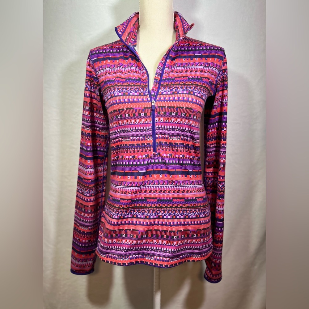 Nike Women's Pink and Purple Patterned Long Sleeve Top Size M Half Zipper Front